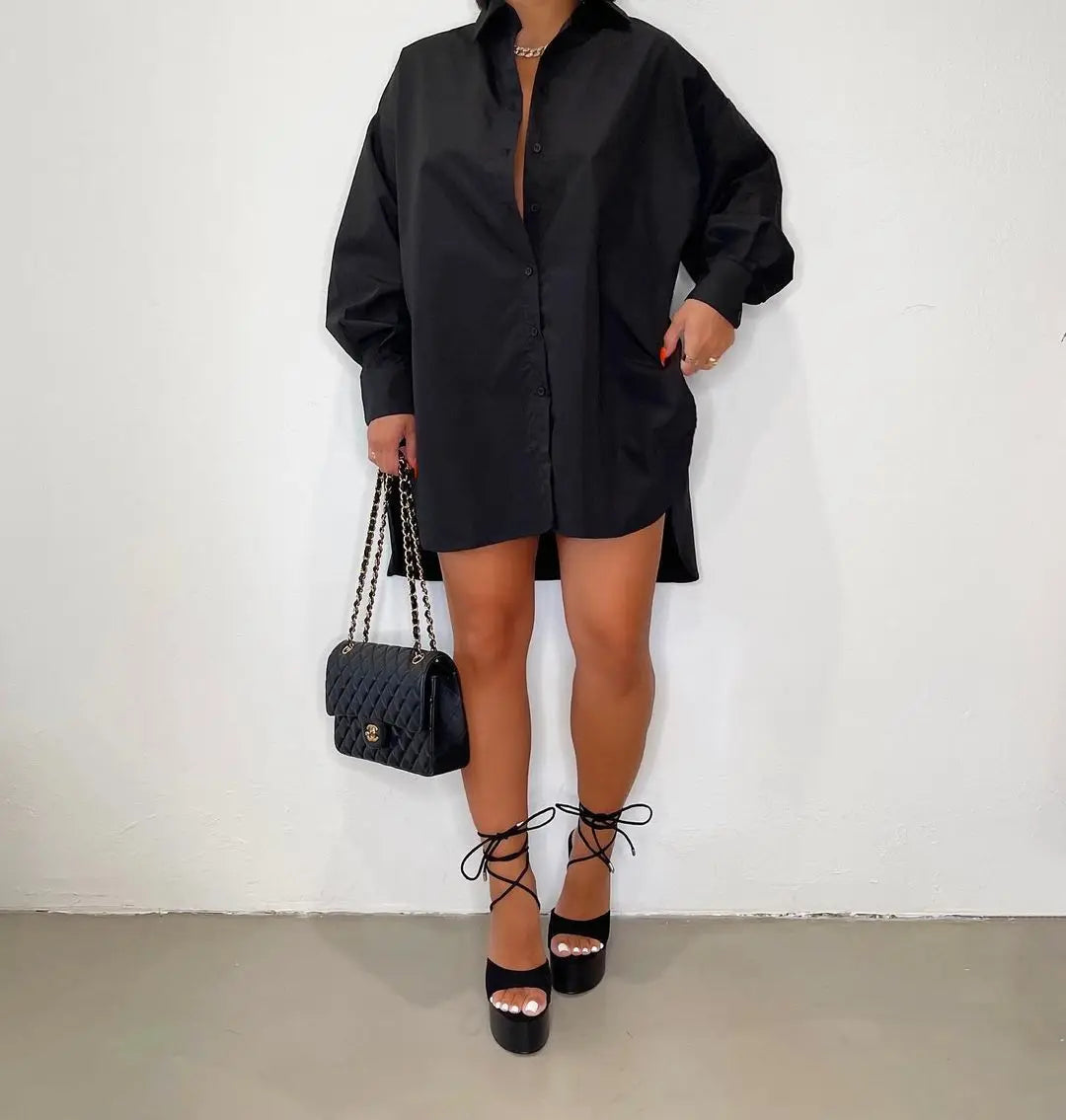 Women’s Button-Up Shirt Dress - Oversized Fit - Classic Collar - Long Sleeve Casual Wear