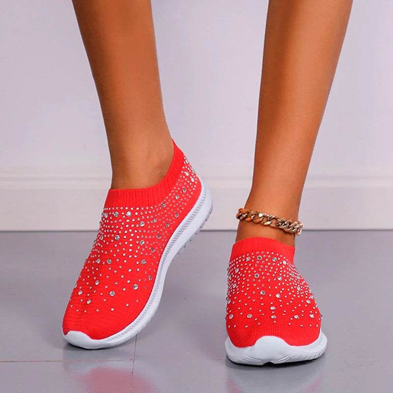 Women's Slip-On Sneakers - Knit Fabric - Rhinestone Embellished - Lightweight Sole