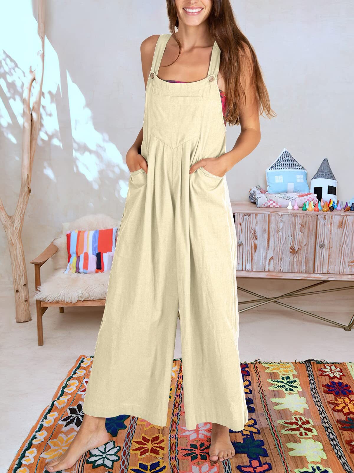 Women's Linen Jumpsuit - Loose Fit Wide-Leg - Sleeveless Adjustable Strap - Casual Wear