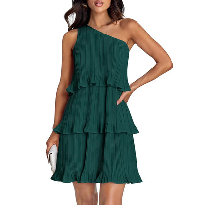 Women’s One-Shoulder Midi Dress – Pleated Chiffon – Tiered Skirt – Flowy Fit