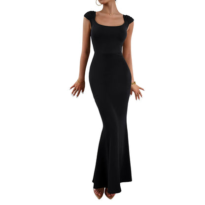 Women’s Maxi Dress – Bodycon Fit – Stretch Fabric – Square Neck – Cap Sleeves – Formal Wear
