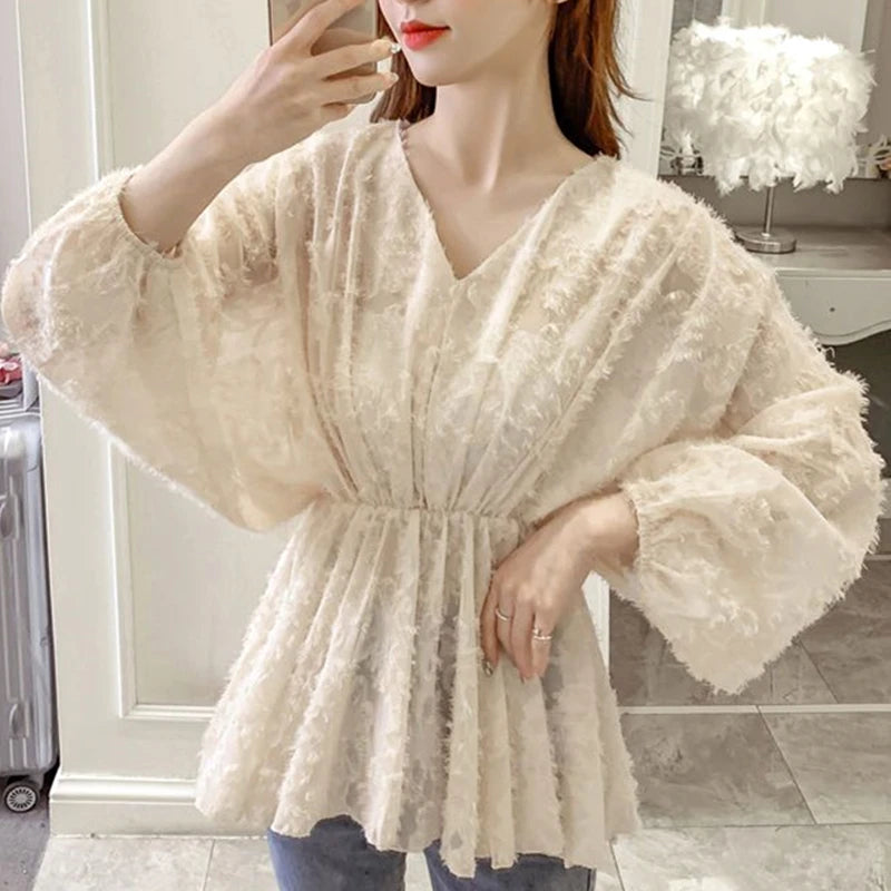 Women's Lace Blouse - V-Neck Peplum - Long Billowy Sleeves - Elegant Floral Pattern