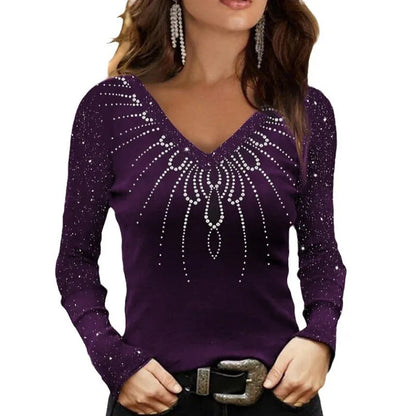 Women's long sleeve slim fit V-neck T-shirt with geometric patterns
