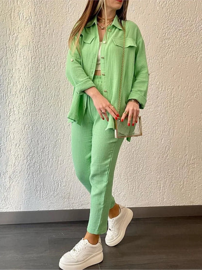 Women's casual long sleeve shirt and loose button pants set