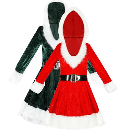 Women's Santa Costume Dress - Velvet Mini Dress - Faux Fur Trim - Hooded - Belted
