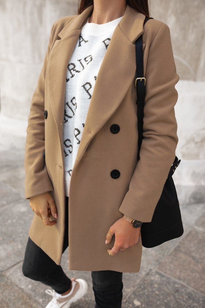 Women's Wool Blend Coat - Tailored Fit - Double-Breasted with Notched Lapels
