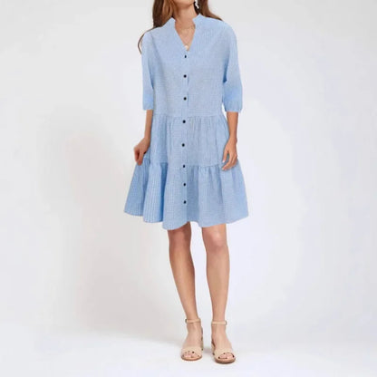 Women’s Dress – Fit and Flare – Cotton Blend – Button Front – Tiered – Knee Length – 3/4 Sleeve