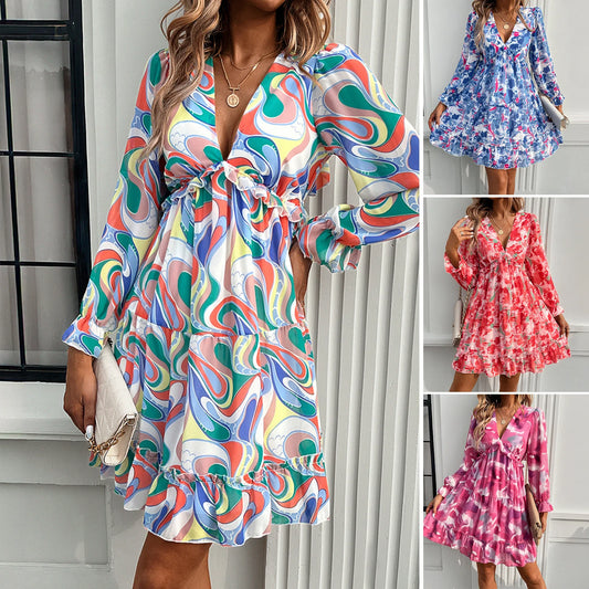 Abstract Print Ruffle Hem Mini Dress