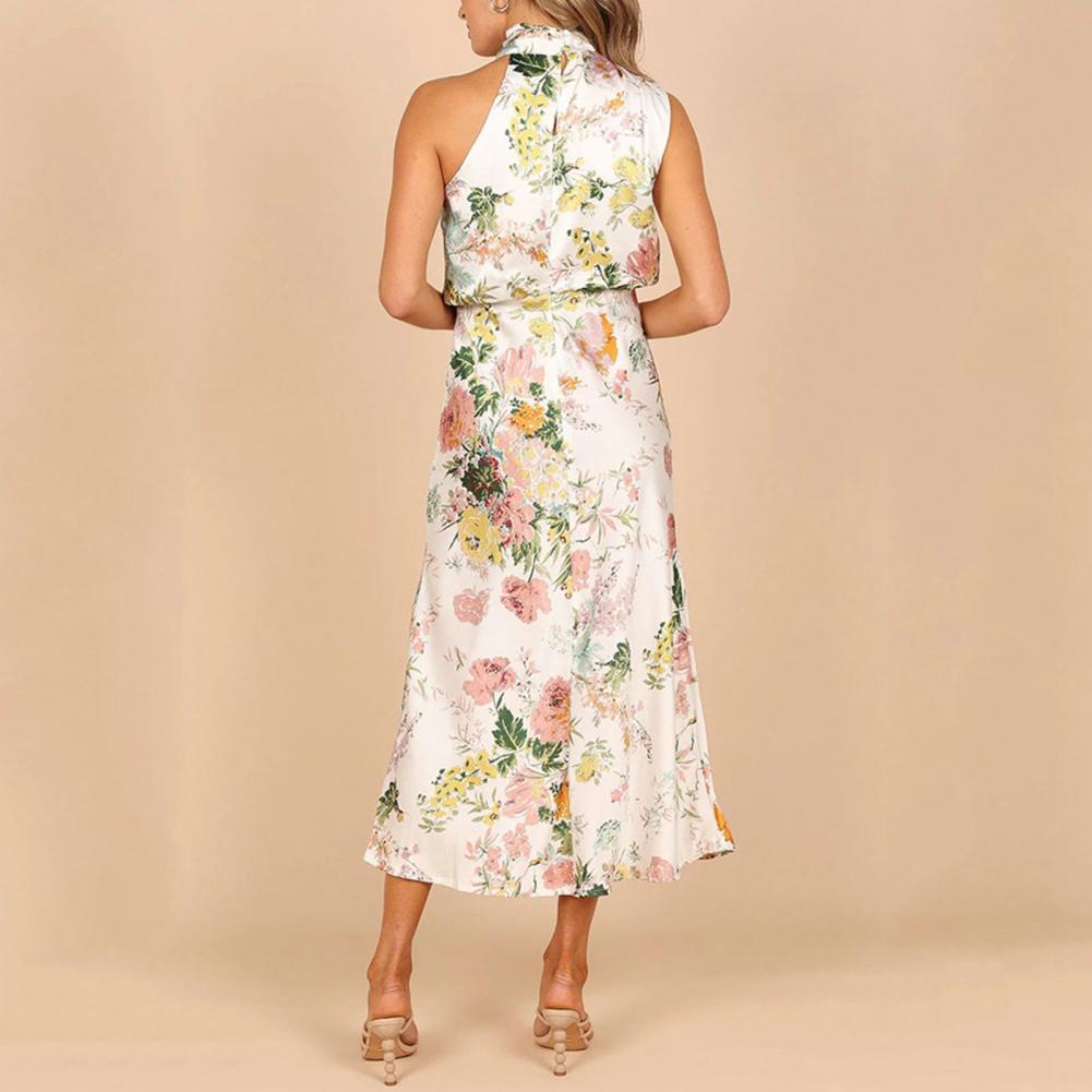 Women's Halter Neck Midi Dress - Sleeveless Flowing Fit - Elegant Floral Design