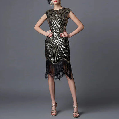 Women's Evening Dress - Vintage 1920s Flapper Style - Beaded Fringe - Elegant Party Wear