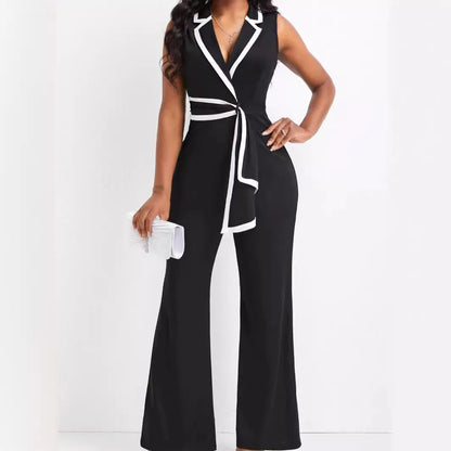 Women's Sleeveless Jumpsuit - Blazer Wrap V-Neck - Tie Waist Flare Pants Elegant Fit