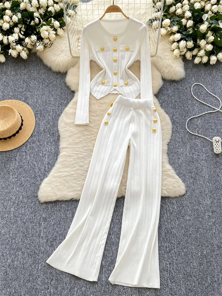 Women's metal button knitted top and high-leg pants set
