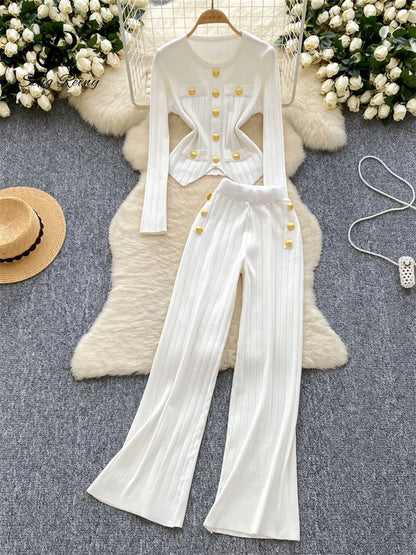 Women's metal button knitted top and high-leg pants set