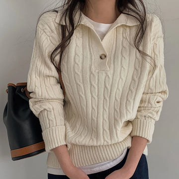 Cable knit sweater with polo collar for women