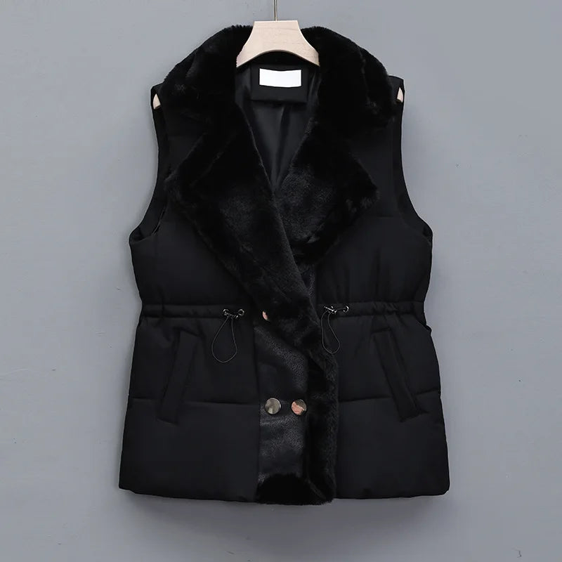 Ava Quilted Collared Puffer Vest | Fur Trim Drawstring Puffer Vest