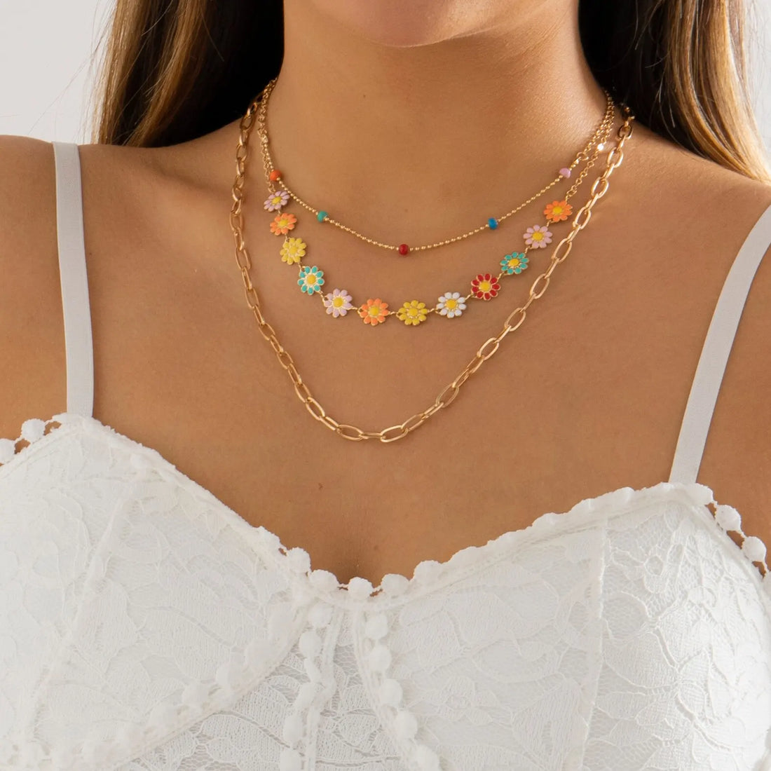 Colorful floral layered necklace set