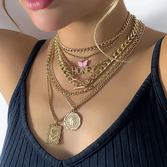 Layered Gold Chain Pendant Necklace Set