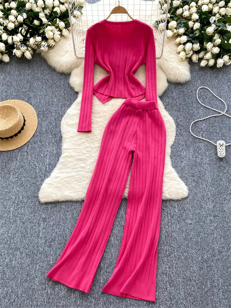 Women's metal button knitted top and high-leg pants set