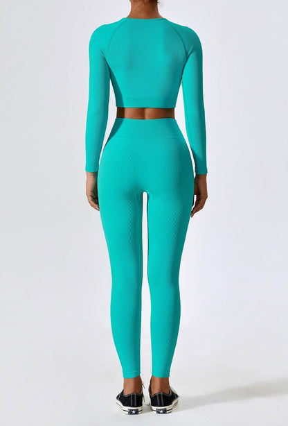 Women's Ribbed Knit Two-Piece Set - Long Sleeve Crop Top & High-Waisted Leggings