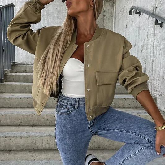 Relaxed Fit Cropped Bomber Jacket With Ribbed Trim 
