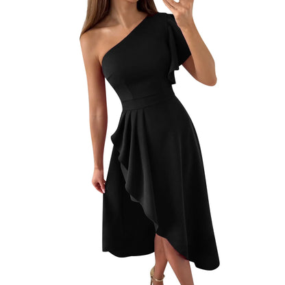 Women’s One-Shoulder Midi Dress – Asymmetrical High-Low Hem – Elegant Formal Wear