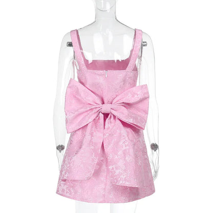 Women’s Mini Dress – Jacquard A-Line – Wide Straps – Back Bow – Formal Wear