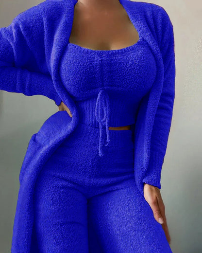 Women's plush crop top long pants and coat 3-piece pajama set