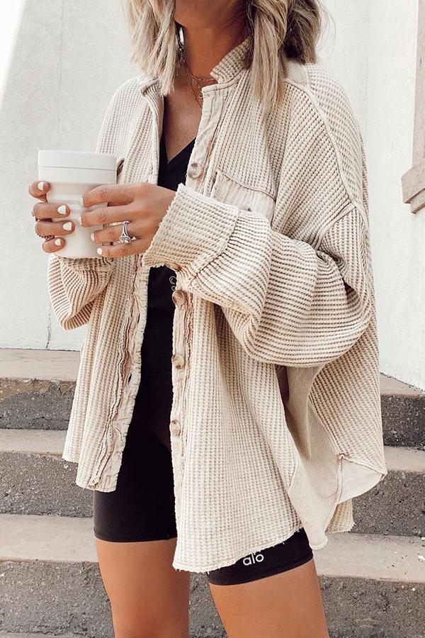 Women’s Shirt Jacket – Oversized Waffle Knit – Button Front – Raw Edge Detail