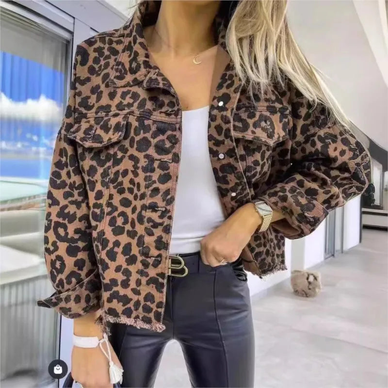 Leopard print denim jacket for women