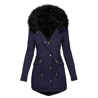 Women's fluffy hooded winter jacket with fur collar
