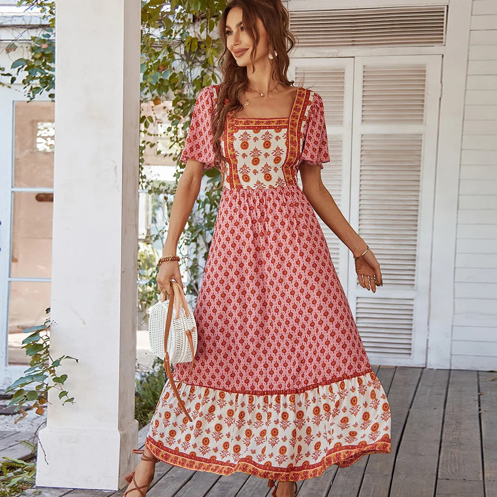 Women’s Maxi Dress – Cotton Blend – Bohemian Print – Tiered Skirt – Square Neckline