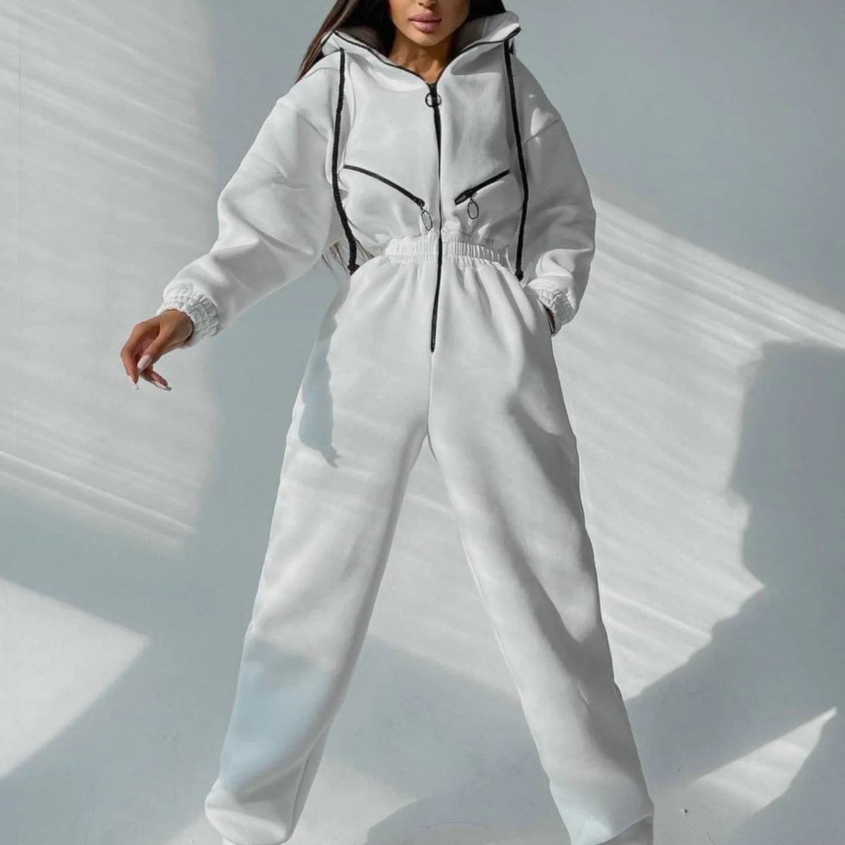 Women's Jumpsuit - Oversized Fit - Hooded with Zipper & Pockets - Elastic Waist
