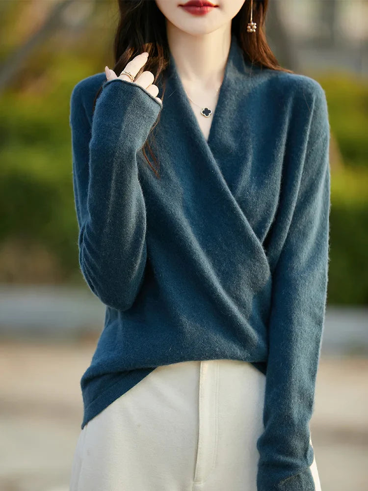 Women’s V-Neck Pullover Sweater – Wool Knit – Relaxed Fit – Long Sleeve Wrap Style