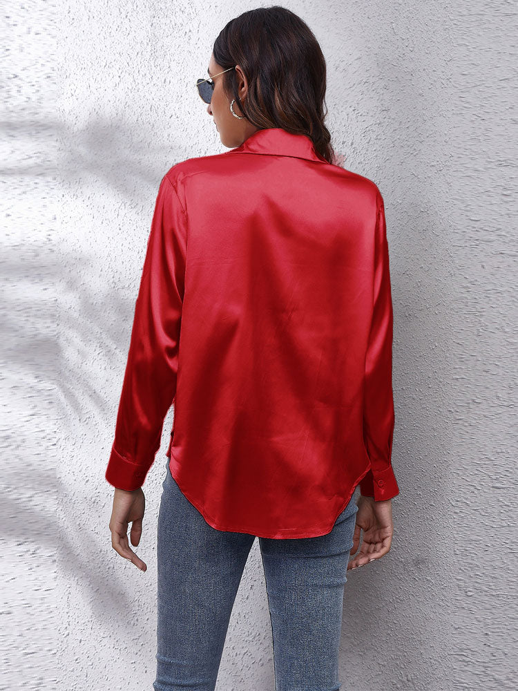Women's loose fit button placket silky long-sleeve shirt