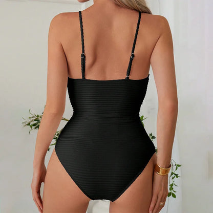 Women’s One-Piece Swimsuit – Ribbed Texture – Deep V-Neck – Cut-Out Knot Detail – Slim Fit