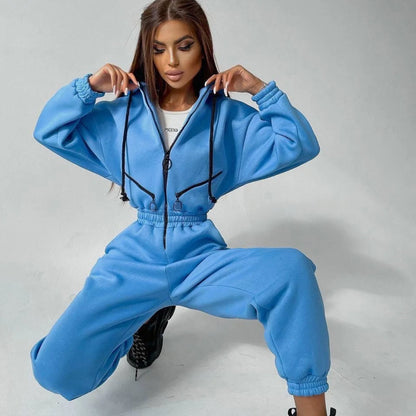 Women's Jumpsuit - Oversized Fit - Hooded with Zipper & Pockets - Elastic Waist
