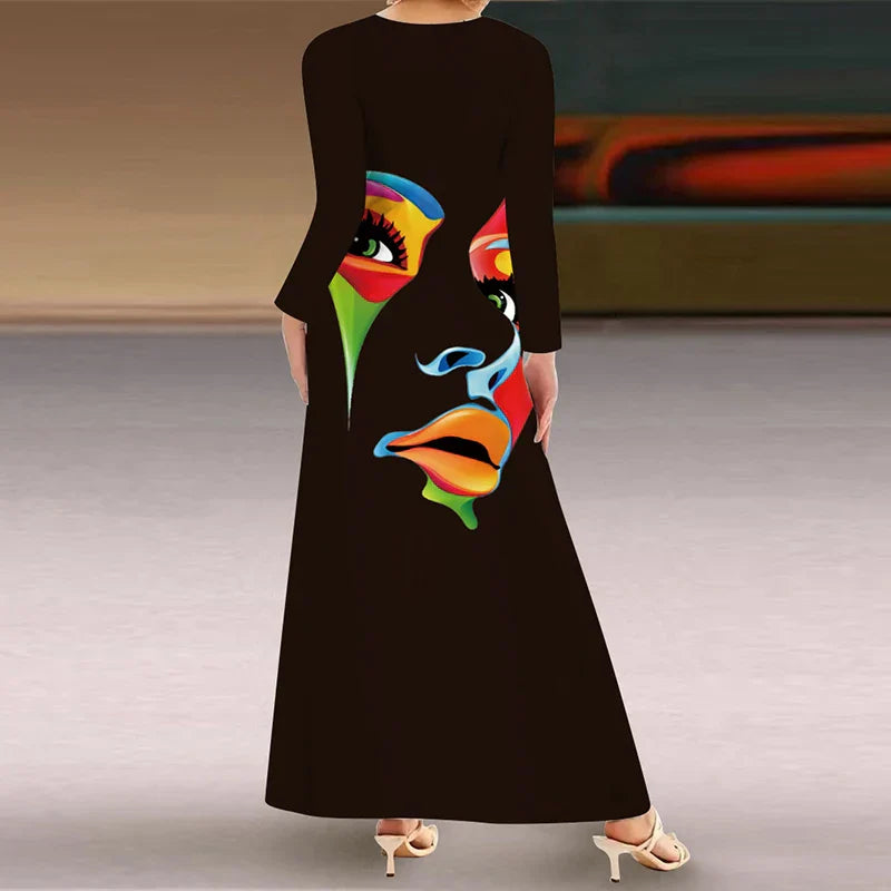 Women's long sleeve v-neck maxi dress colorful face print