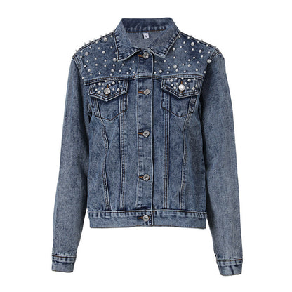 Women denim jacket with bead accents