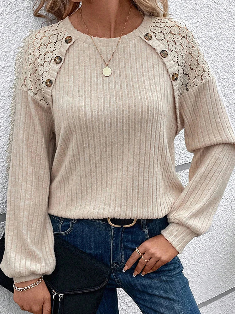 Women's Knit Sweater - Ribbed Texture - Lace Shoulder Detail - Button Embellishments