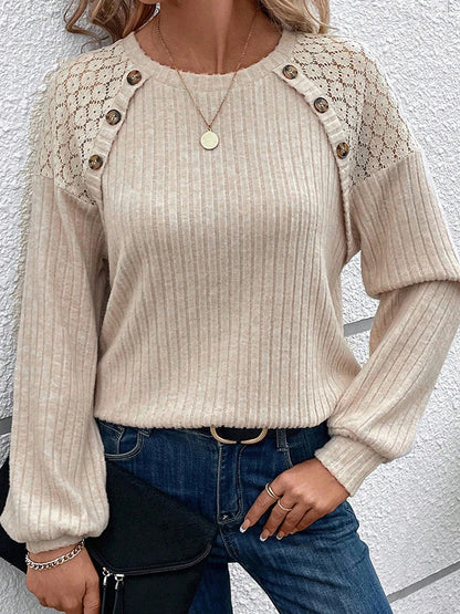 Women's Knit Sweater - Ribbed Texture - Lace Shoulder Detail - Button Embellishments
