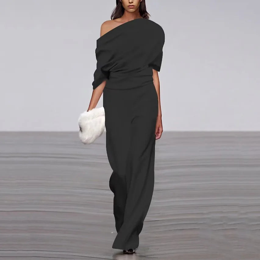Women's Off-Shoulder Jumpsuit - Wide Leg - Batwing Sleeve - Elegant Formal Wear