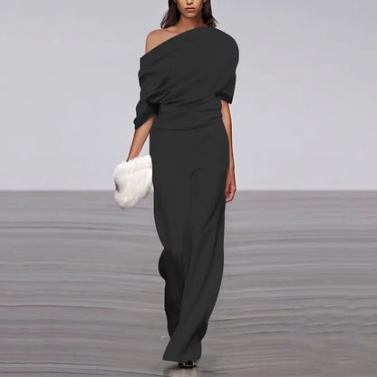 Women's Off-Shoulder Jumpsuit - Wide Leg - Batwing Sleeve - Elegant Formal Wear