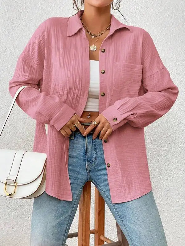 Women's Button-Up Shirt - Lightweight Crinkled Fabric - Relaxed Fit - Long Sleeve