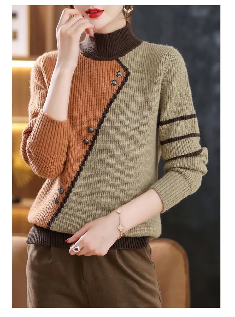 Women’s Knitted Sweater – Ribbed Turtleneck – Asymmetrical Button Design – Cozy Fit