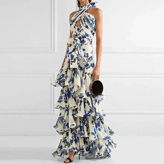 Halter Neck Cutout Ruffle Tiered Dress