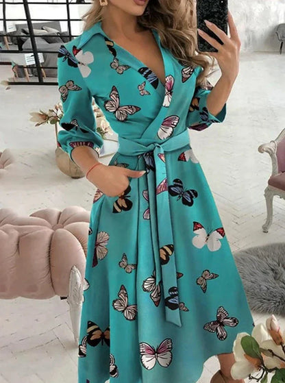 Women's Wrap Dress - V-Neck Tie Waist - Butterfly Print - A-Line 3/4 Sleeve
