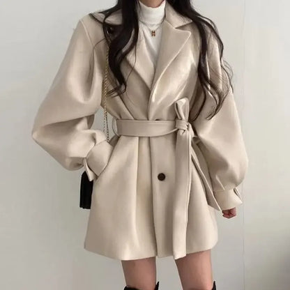 Women's trendy  medium-length suit collar overcoat