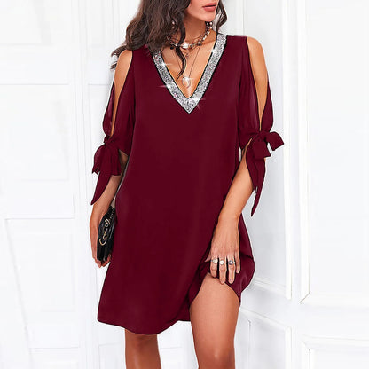 Women's V-Neck Mini Dress - Sequin Detailing - Cold-Shoulder Cutout - Bow Tie Sleeves