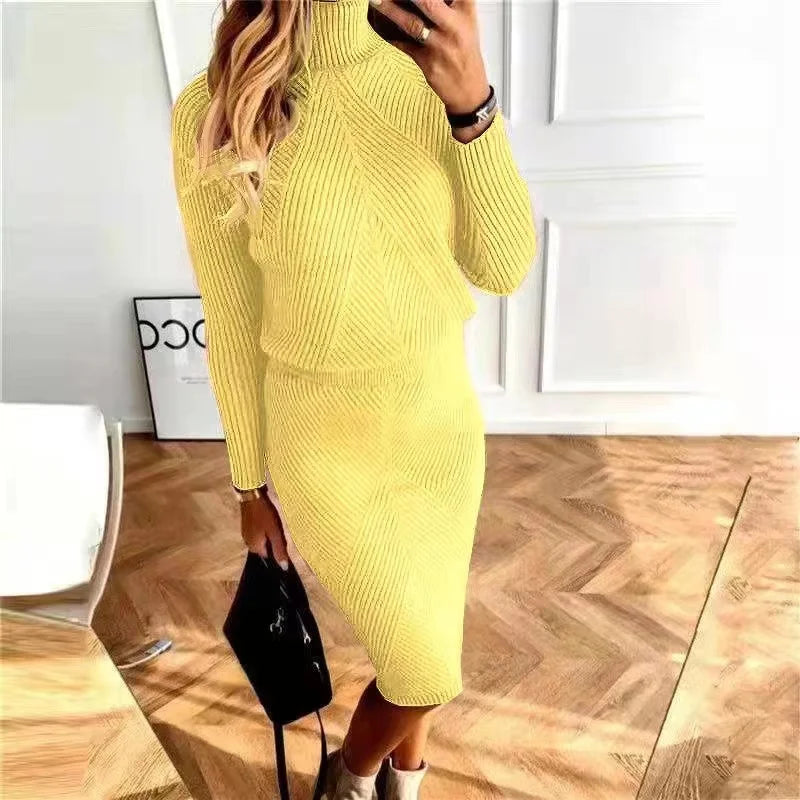 Women's turtleneck knit sweater skirt set