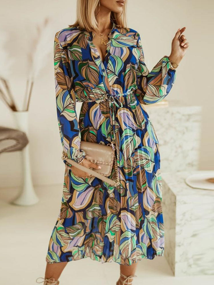 Women's Midi Dress - Button-Up Front - Long Sleeve - Cinched Waist Tie Belt